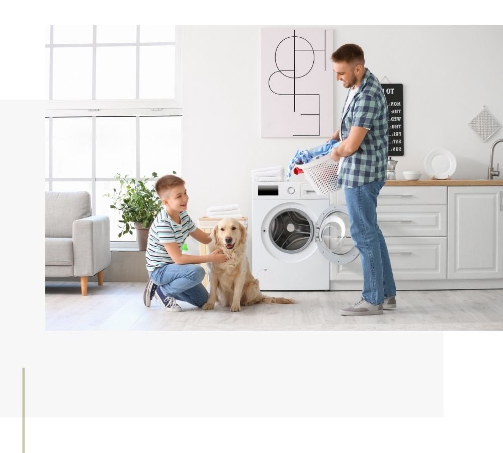 A family doing the washing with eco laundry liquid